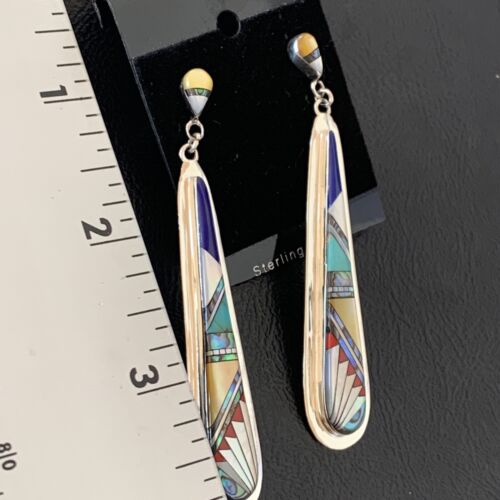 Navajo Multi-Color Turquoise Coral Mother of Pearl Inlay Earrings | Sterling Silver | 3" | 2097