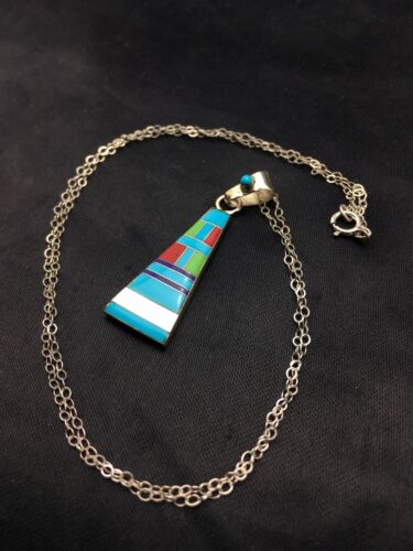 Navajo Turquoise & Coral Inlay Pendant | Sterling Silver Chain | Authentic Native American Handmade | 4437