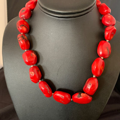 Native American Navajo Red Coral Bead Necklace | Sterling Silver | 18" | 13407