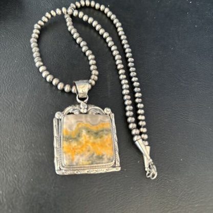 Navajo Bumblebee Jasper Pendant Necklace | Canary Yellow | Sterling Silver | Authentic Native American Handmade | 14249