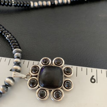 Navajo Pearl Necklace Pendant | Authentic Native American Sterling Silver Black Onyx | Multi-Stone | 22" | 12270
