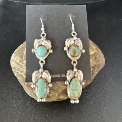 Navajo Blue #8 Turquoise Dangle Earrings | Sterling Silver | Authentic Native American Handmade | 14342