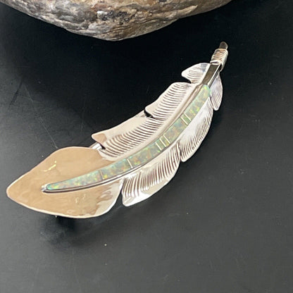 Women's Navajo Sterling Silver Feather Barrette | White Opal Inlay | Handmade | 4" | 2078