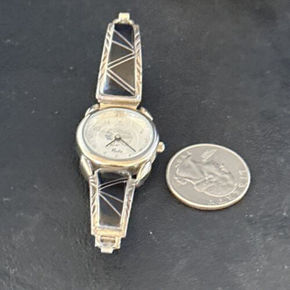 Authentic Native American Navajo Sterling Silver Watch Tips | Black Onyx Band | Handmade Jewelry | 14470