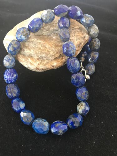 Navajo Chunky Faceted Denim Lapis Beads Necklace | Sterling Silver | Authentic Native American Handmade | 21" | 13973