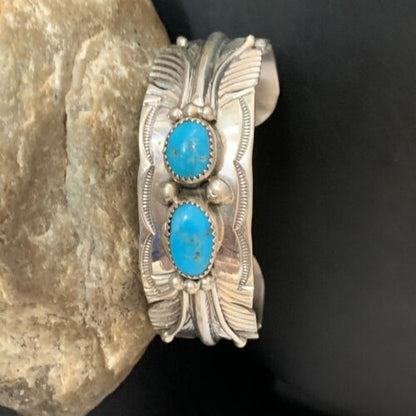 Native American Men's Blue Kingman Turquoise Cuff Bracelet | Sterling Silver | 14136