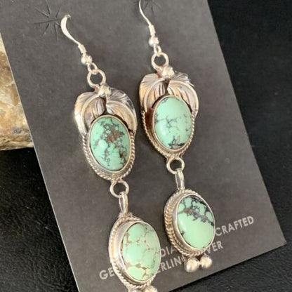 Navajo Green Spiderweb Turquoise Dangle Earrings | Sterling Silver | Authentic Native American Handmade | 13553