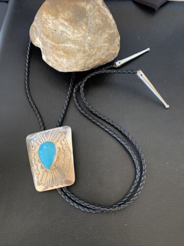 Men's Bolo Tie | Navajo Blue Kingman Turquoise | Sterling Silver | Authentic Native American Handmade | 12146