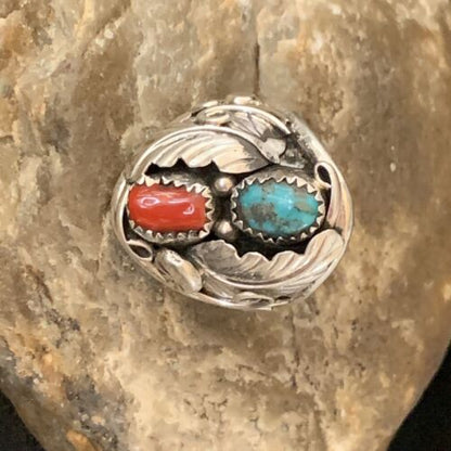 Navajo Kingman Turquoise Coral Ring | Authentic Native American Sterling Silver | Multi-Stone | Sz 11 | 14128