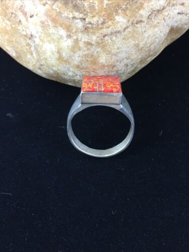 Navajo Men's Red Opal Inlay Ring | Sterling Silver | Sz 9.5 | Authentic Native American Handmade | 10104
