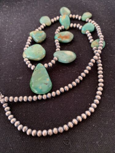 Navajo Pearls Sterling Silver Green Royston Turquoise Necklace | Teardrop | Native American