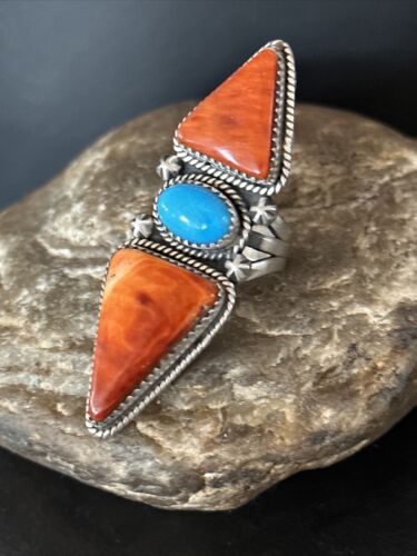 Navajo Orange Spiny Oyster Multi-Stone Ring | Authentic Native American Sterling Silver | Multi-Stone | Sz 6.5 | 14505