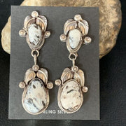 Navajo White Buffalo Turquoise Dangle Earrings Set | Sterling Silver | Authentic Native American Handmade | 13753