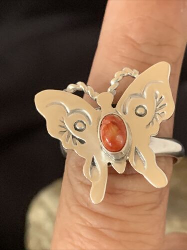 Navajo Red Spiny Oyster Butterfly Ring | Sterling Silver | Adj Sz 7 | Authentic Native American Handmade | 10678