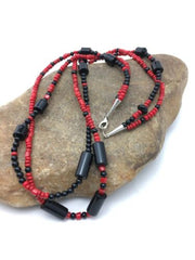 Southwestern Red Coral & Onyx 2-Strand Necklace | Navajo Sterling Silver | Authentic Native American Handmade | 4523
