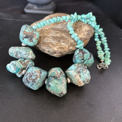 Navajo Chunky Blue Turquoise Necklace | Sterling Silver | Authentic Native American Handmade | 20" | 14414 - Masha USA