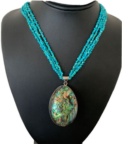 Navajo Sterling Blue Turquoise 4 Strand Necklace | Pava Shell Pendant | 19" Multi-Strand | Southwestern | 00890