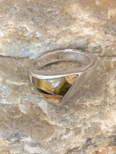 Navajo Black Onyx Coffee Tigers Eye Inlay Ring | Sterling Silver | Sz 6 | Authentic Native American Handmade | 10795