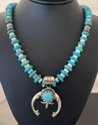 Navajo Kingman Turquoise Naja Pendant | Sterling Silver Howlite Necklace | Authentic Native American Handmade | 1388