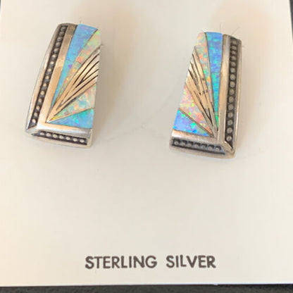 Navajo Blue White Opal Inlay Earrings | Sterling Silver | Authentic Native American Handmade | 12117 - Masha USA