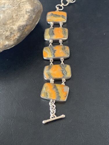 Navajo Bumblebee Jasper 5-Stone Link Bracelet | Sterling Silver | 7.5" | Authentic Native American Handmade | 11654