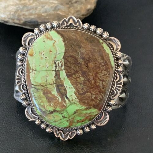 Native American Men's Navajo Bracelet | Sterling Silver Green Gaspeite | Authentic Handmade | 2046