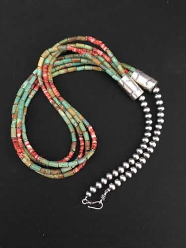 Royston Turquoise & Spiny Oyster Necklace | 4 Strand Navajo Sterling Silver | Authentic Native American Handmade | 4899