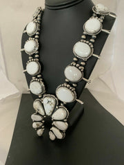 Navajo White Buffalo Turquoise Naja Pendant | Sterling Silver Squash Blossom Necklace | 21" | 00629