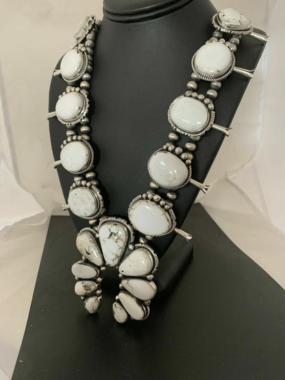 Navajo White Buffalo Turquoise Naja Pendant | Sterling Silver Squash Blossom Necklace | 21" | 00629 - Masha USA
