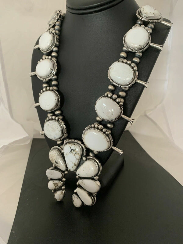 Navajo White Buffalo Turquoise Naja Pendant | Sterling Silver Squash Blossom Necklace | 21" | 00629