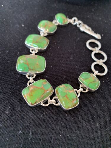 Navajo Green Mojave Turquoise Link Bracelet | Sterling Silver | 8.5" | Authentic Native American Handmade | 662