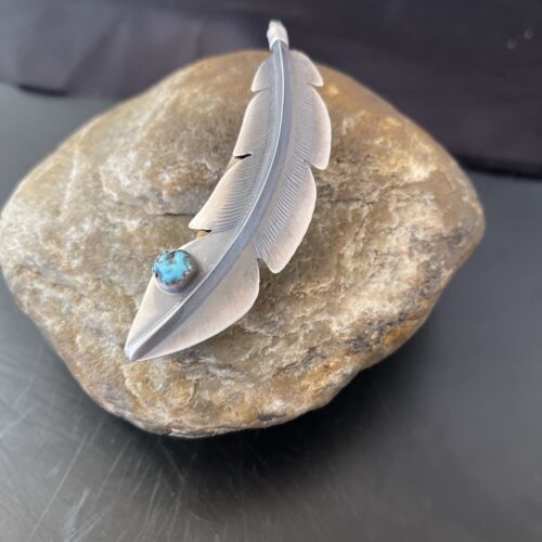 Handmade Sterling Silver Feather Barrette with Blue Turquoise Inlay | Authentic Navajo Jewelry | 2081