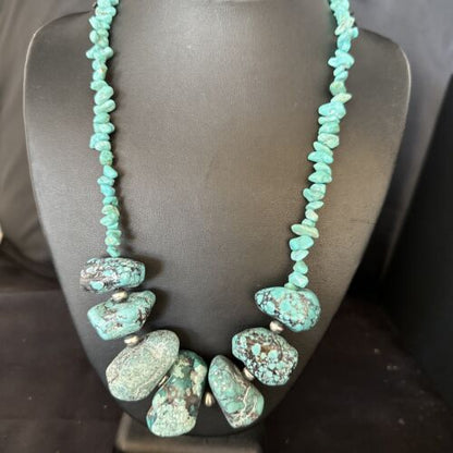 Navajo Chunky Blue Turquoise Nugget Necklace | Sterling Silver | Authentic Native American Handmade | 20" | 14418