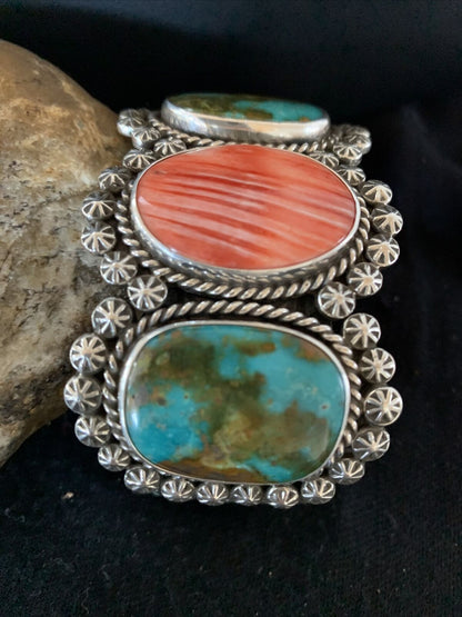 Navajo Royston Turquoise & Spiny Oyster Cuff Bracelet | Sterling Silver | Authentic Native American Handmade | 1105