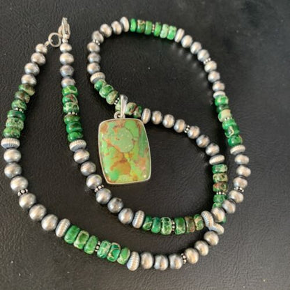 Navajo Pearls Green Mojave Turquoise Pendant Necklace | Sterling Silver | Native American Handmade | 13462