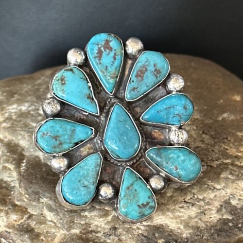 Navajo Blue Turquoise Cluster Ring | Authentic Native American Sterling Silver | Multi-Stone | Sz 7.5 | 14746