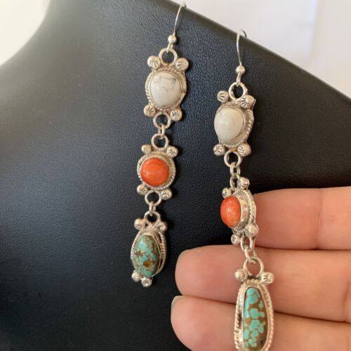 Navajo Spiny, Turquoise & Howlite Dangle Earrings | Sterling Silver | Authentic Native American Handmade | 1572