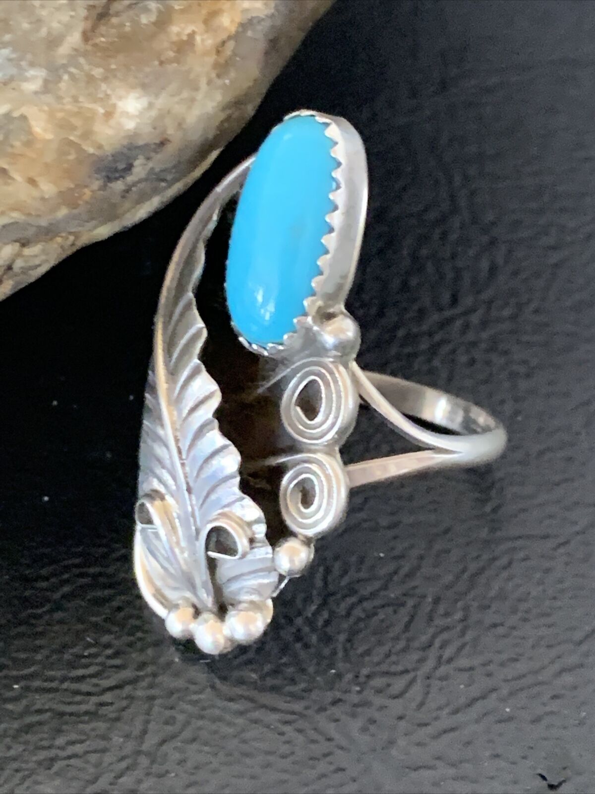 Navajo Blue Turquoise Feather Ring | Sterling Silver | Sz 5.5 | Authentic Native American Handmade | 11736