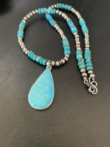 Navajo Pearl Necklace with Blue Kingman Turquoise Pendant | Sterling Silver | 11690