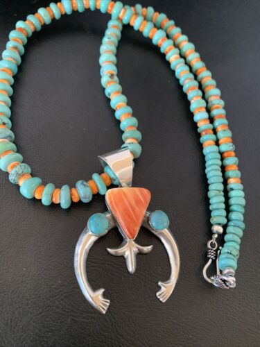Navajo Pearls Sterling Silver Necklace | Blue Turquoise & Spiny Oyster | Naja Pendant | Authentic Native American Handmade