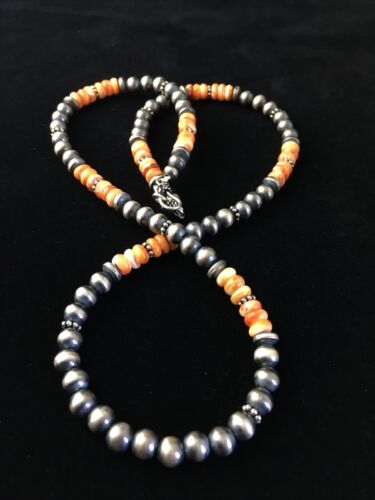 Authentic Navajo Sterling Silver Orange Spiny Oyster Necklace | 21" | Single Strand | Native American Jewelry | 1767