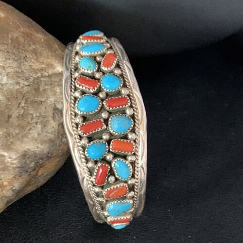 Navajo Kingman Turquoise Coral Cuff Bracelet | Sterling Silver | Authentic Native American Handmade | 14219