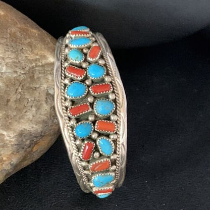 Navajo Kingman Turquoise Coral Cuff Bracelet | Sterling Silver | Authentic Native American Handmade | 14220