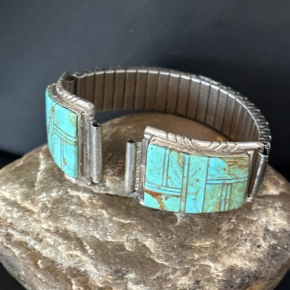 Authentic Navajo Men's Wristwatch | Blue Turquoise Inlay | Sterling Silver Tips | Native American Jewelry | 14395