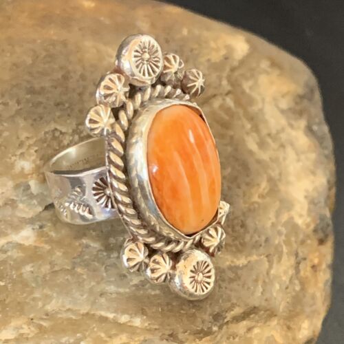 Navajo Orange Spiny Oyster Ring | Sterling Silver | Sz 7 | Authentic Native American Handmade | 13355
