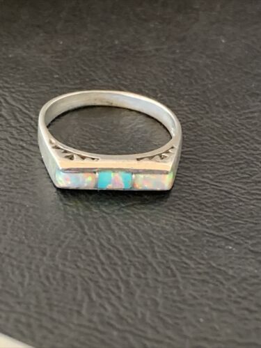 Southwestern Women's Navajo Blue Turquoise White Opal Inlay Ring | Sz 7 | 11151