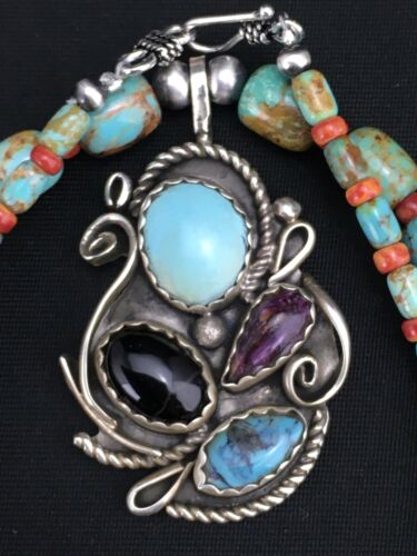 Navajo Turquoise and Spiny Oyster Multi-Stone Necklace | Authentic Native American Sterling Silver | 21" | 4885