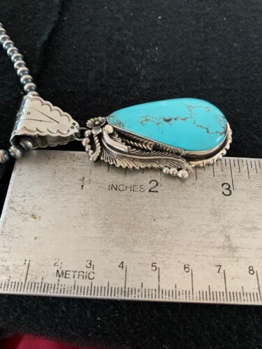 Men's Kingman Turquoise Pendant | Navajo Pearls Sterling Silver Necklace | Authentic Native American Handmade | 4299