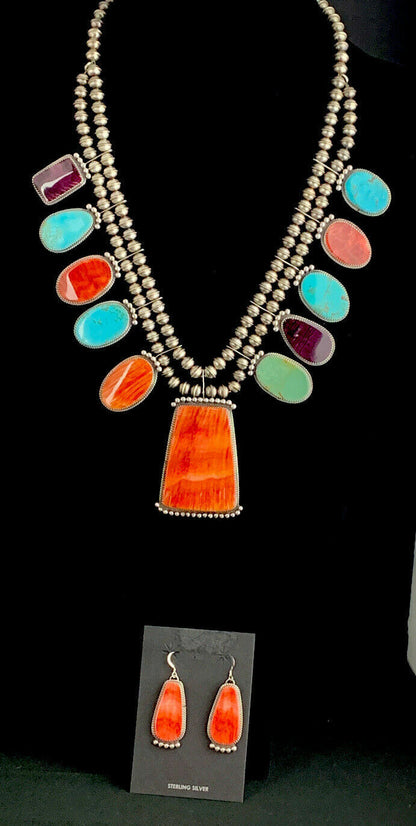Navajo XL Spiny Oyster Squash Blossom Necklace | Sterling Silver Turquoise | Authentic Native American Handmade | 12702