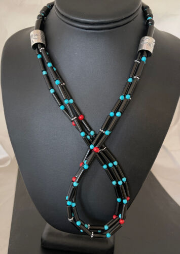 Navajo Black Onyx Coral Turquoise Bead Necklace | 3-Strand Sterling Silver | 24" | 1230
